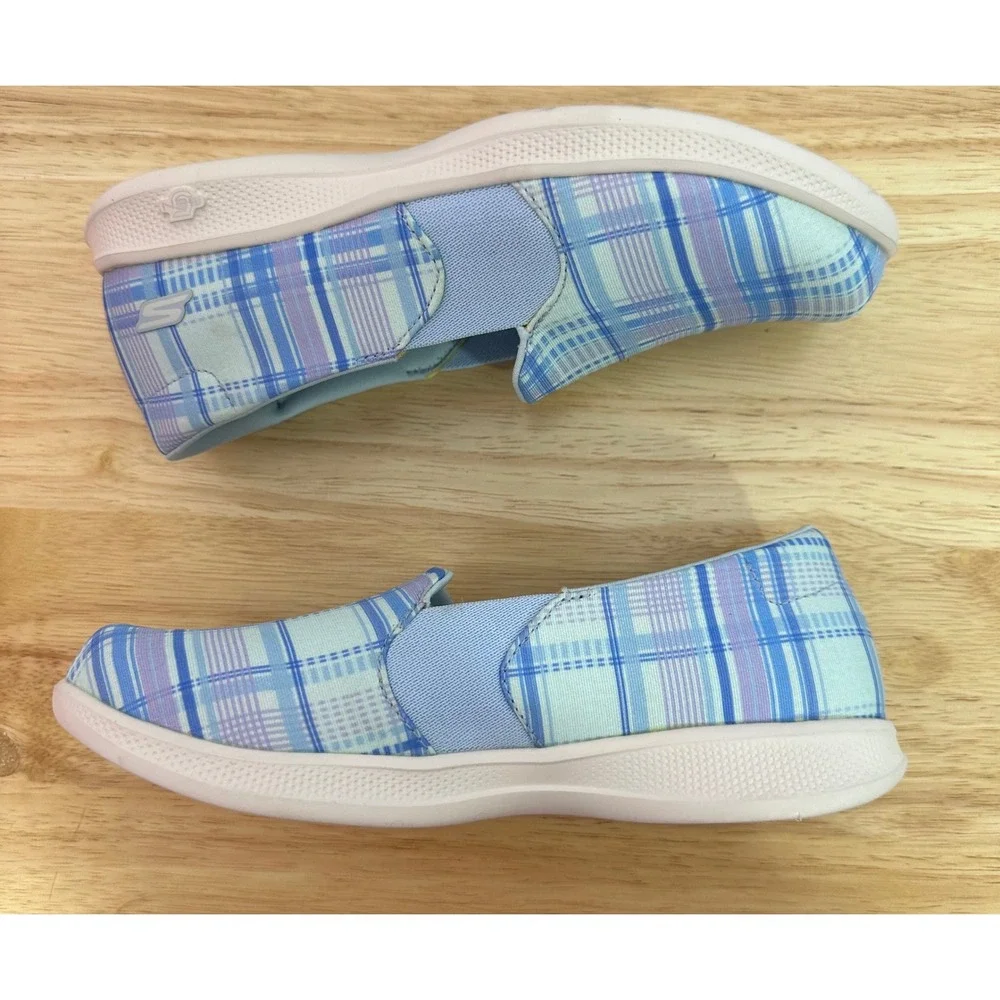 Skechers Womens Go Step Lite Vegan Plaid Slip On Sneakers 7 Washable Blue/Purple